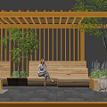 Outdoor Garden Feature With Orange Pergola Bench Planter Boxes And Green Plants