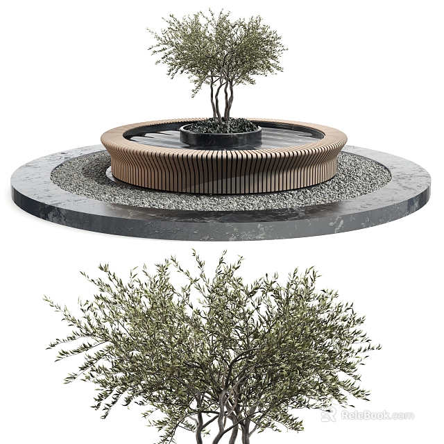 Modern Outdoor Chair Design With Round Wooden Structure And Stone Platform Near Olive Tree 3d model 