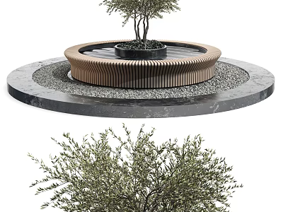 Modern Outdoor Chair Design With Round Wooden Structure And Stone Platform Near Olive Tree 3d model