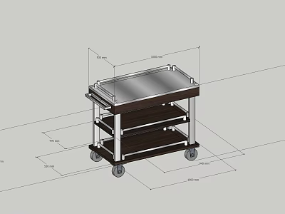 Multi Tier Rolling Utility Cart With Metal Top And Wooden Shelves With Detailed Dimension Specifications 3d model