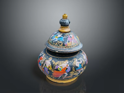 Artistic Sculpted Jar With Lid Featuring Colorful Figure Patterns And Golden Top Decoration 3d model