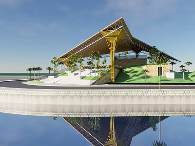 Modern Architectural Structure With Unique Roof Design Palm Trees Green Slope And Water Reflection 3d model
