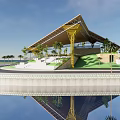 Modern Architectural Structure With Unique Roof Design Palm Trees Green Slope And Water Reflection