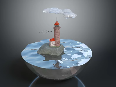 Cartoon Scene With Small Island Red Roof Lighthouse Water Surface Clouds And Flying Birds 3d model
