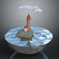 Cartoon Scene With Small Island Red Roof Lighthouse Water Surface Clouds And Flying Birds