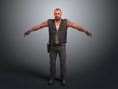 Tattooed Man In Leather Vest White Tank Top Dark Pants With Arms Outstretched 3d model