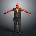 Tattooed Man In Leather Vest White Tank Top Dark Pants With Arms Outstretched