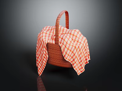 Stylish Wicker Picnic Basket With Red And White Checkered Cloth And Handle 3d model