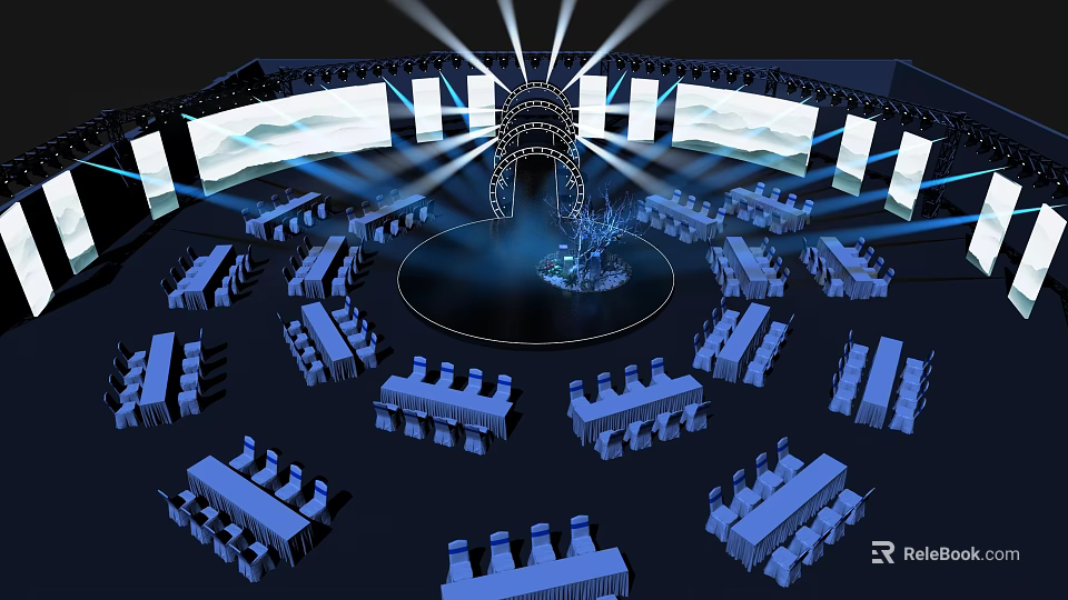 Modern Conference Stage Setup With Round Platform Seats And Large Screens 3d model