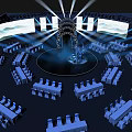 Modern Conference Stage Setup With Round Platform Seats And Large Screens 3d model