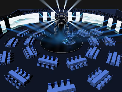Modern Conference Stage Setup With Round Platform Seats And Large Screens 3d model