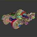 3D Mechanical Model With Colorful Blue Red Green Yellow Components And Metal Wheels Structure
