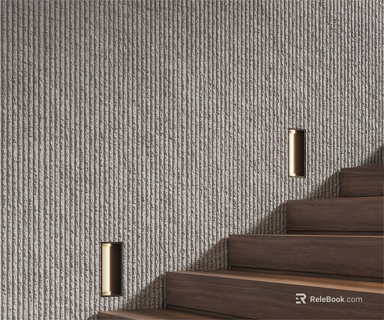 Modern Wall Sconces Illuminating Staircase With Gray Textured Wall And Dark Wooden Steps 3d model 