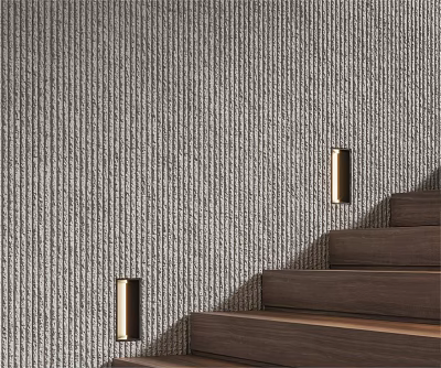 Modern Wall Sconces Illuminating Staircase With Gray Textured Wall And Dark Wooden Steps 3d model