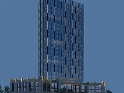 Tall Modern Hotel Building With Glass Facade Ornamental Base And Blue Rooftop 3d model