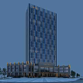 Tall Modern Hotel Building With Glass Facade Ornamental Base And Blue Rooftop
