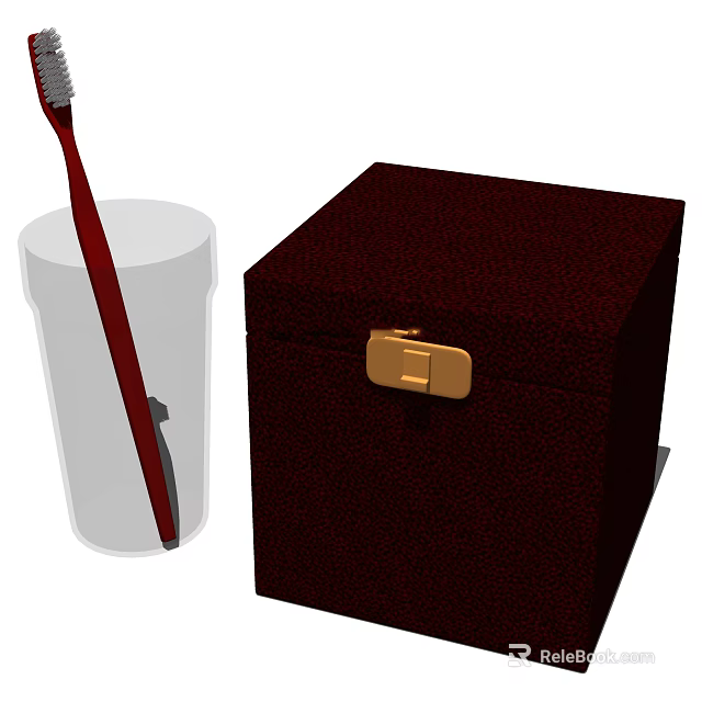Bathroom Accessories Including Red Toothbrush Transparent Cup And Dark Brown Box With Golden Lock 3d model 