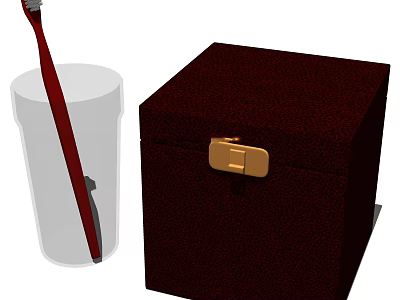Bathroom Accessories Including Red Toothbrush Transparent Cup And Dark Brown Box With Golden Lock 3d model
