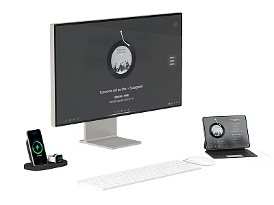 Modern Computer Setup With Monitor Keyboard Mouse And Charging Dock For Smartphone Tablet 3d model