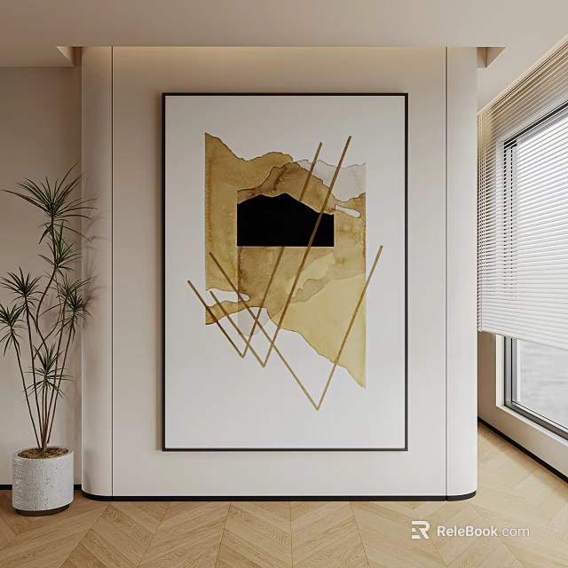 Abstract Painting With Gold Yellow Brushstrokes Black Geometric Shapes In Bright Room With Green Plant 3d model 