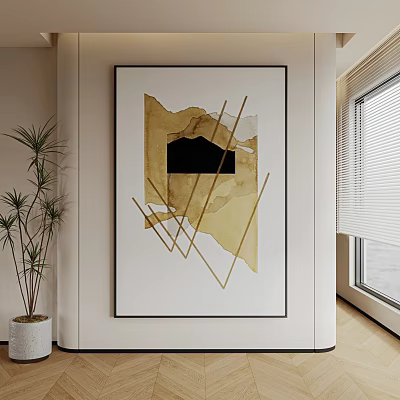 Abstract Painting With Gold Yellow Brushstrokes Black Geometric Shapes In Bright Room With Green Plant 3d model