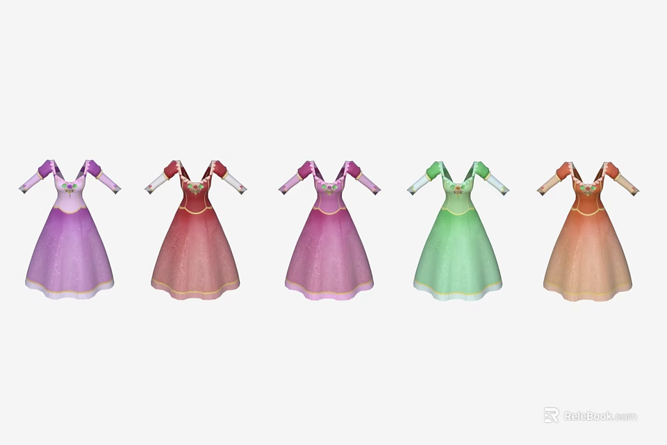 Colorful Princess Dresses With Long Sleeves And Flared Skirts In Various Hues 3d model 