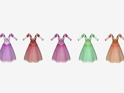 Colorful Princess Dresses With Long Sleeves And Flared Skirts In Various Hues 3d model