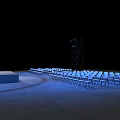 Tech Inspired Stage Setup With Blue Screens Lighting And Arranged Chairs Design 3d model
