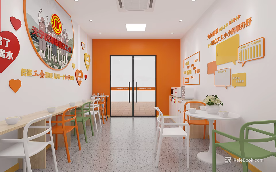 Staff Family Elderly Activity Center Interior With Colorful Furniture Decorative Paintings And Slogan Walls 3d model 