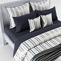 Modern Double Bed With Striped Bedspread Blue White Pillows And Gray Headboard 3d model