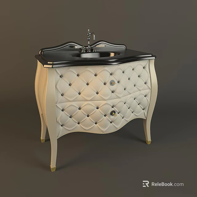 Elegant Bathroom Vanity With White Diamond Tufted Cabinet Black Countertop And Gold Accents 3d model 