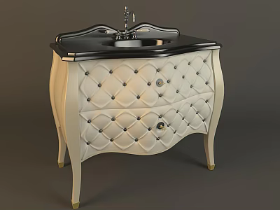 Elegant Bathroom Vanity With White Diamond Tufted Cabinet Black Countertop And Gold Accents 3d model