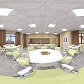 School Cafeteria Interior With Tables Chairs Windows Curtains And Ceiling Lights