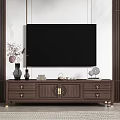 Elegant Dark Brown Wooden TV Stand With Drawers Doors And Decorative Items On White Wall