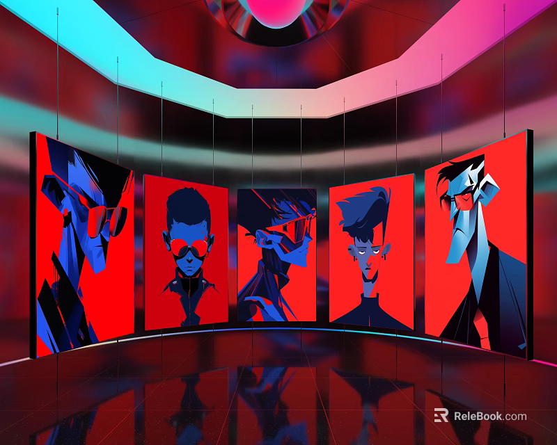 Vibrant Display Space With Multiple Screens Showing Cartoon Character Portraits And Colorful Lighting 3d model 
