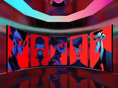 Vibrant Display Space With Multiple Screens Showing Cartoon Character Portraits And Colorful Lighting 3d model