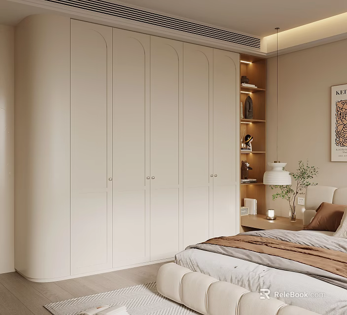 Modern White Built in Wardrobe in Bedroom With Storage Shelves Lamp and Bedding 3d model 