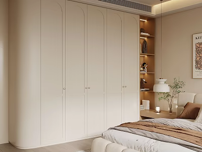 Modern White Built in Wardrobe in Bedroom With Storage Shelves Lamp and Bedding 3d model