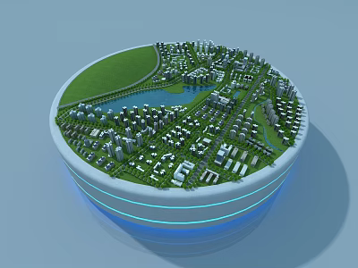 Aerial Planning of Circular Community Model with Green Area Lake and Buildings 3d model