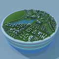 Aerial Planning of Circular Community Model with Green Area Lake and Buildings