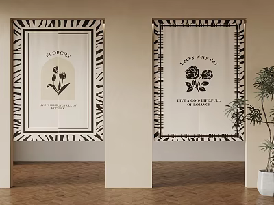 Decorative Curtains With Tulip Rose Patterns And Colorful Life Text In Modern Doorway 3d model