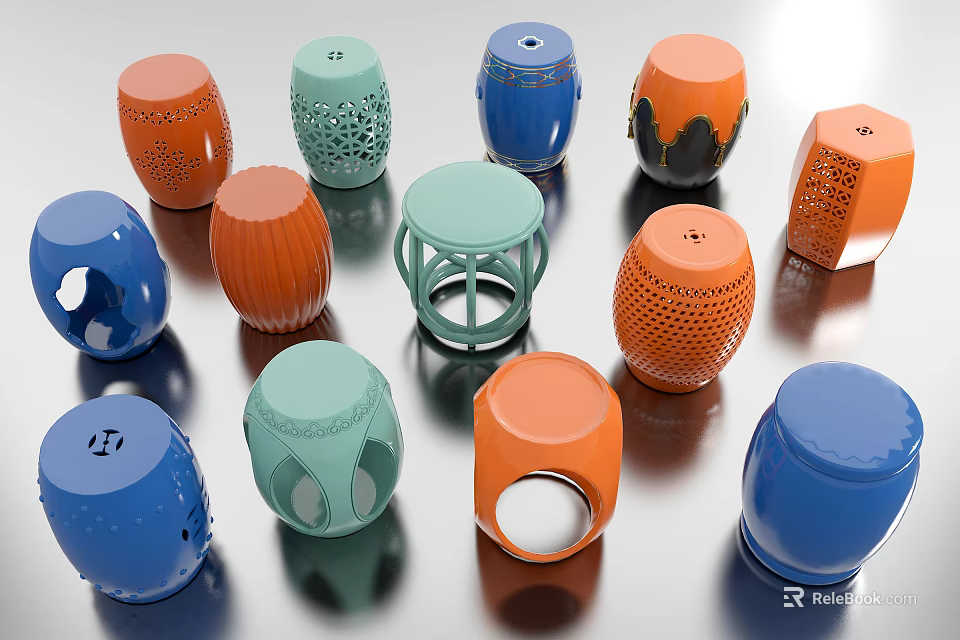 Colorful Modern Stools With Various Designs And Hollow Patterns On Reflective Surface 3d model