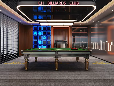 Modern Billiards Club Interior With Green Table Cues Balls Blue Lighting And Urban Silhouette Decor 3d model