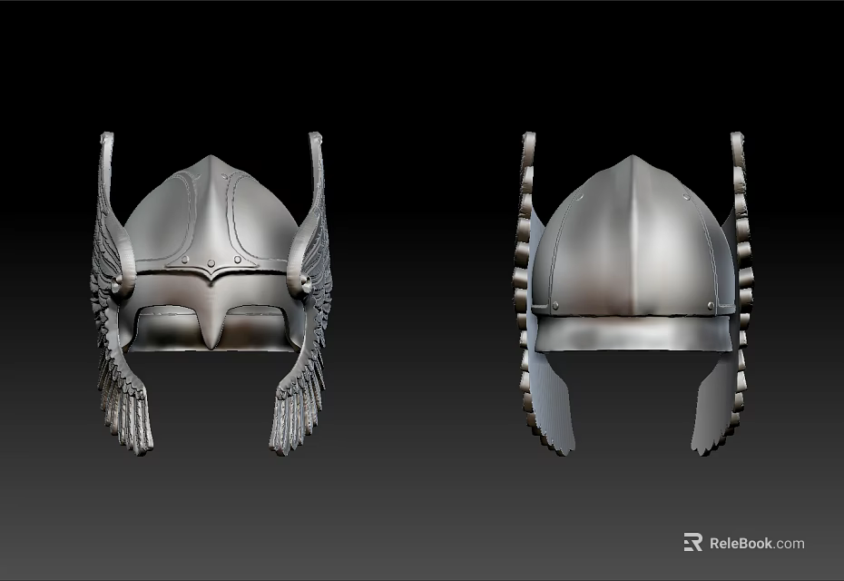 Vintage Silver Metallic Medieval Helmets Headwear With Ornate Wings And Striped Edges 3d model 