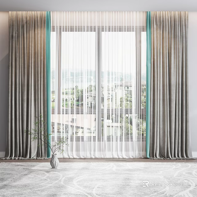 Gray Curtains With Green Trim And Sheer Panels For Scenic Window View Decor 3d model 