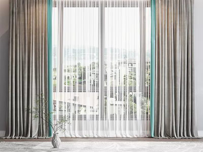Gray Curtains With Green Trim And Sheer Panels For Scenic Window View Decor 3d model