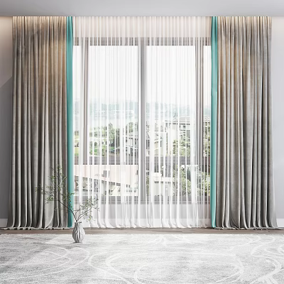 Gray Curtains With Green Trim And Sheer Panels For Scenic Window View Decor 3d model