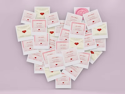 Heart Shaped Greeting Cards With Red Heart Patterns On Light Pink Background 3d model