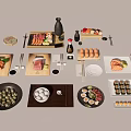 Assorted Japanese Sushi Sashimi on Cutting Boards with Soy Sauce Wasabi Ginger and Chopsticks