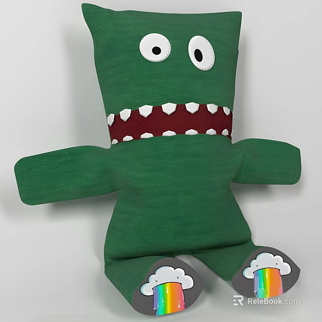 Green Cute Cartoon Pillow With Big Eyes Sharp Teeth Cloud And Rainbow Design 3d model 